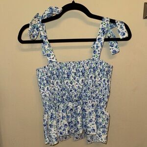 SHEIN Blue and White Floral Blouse with Bow Straps
